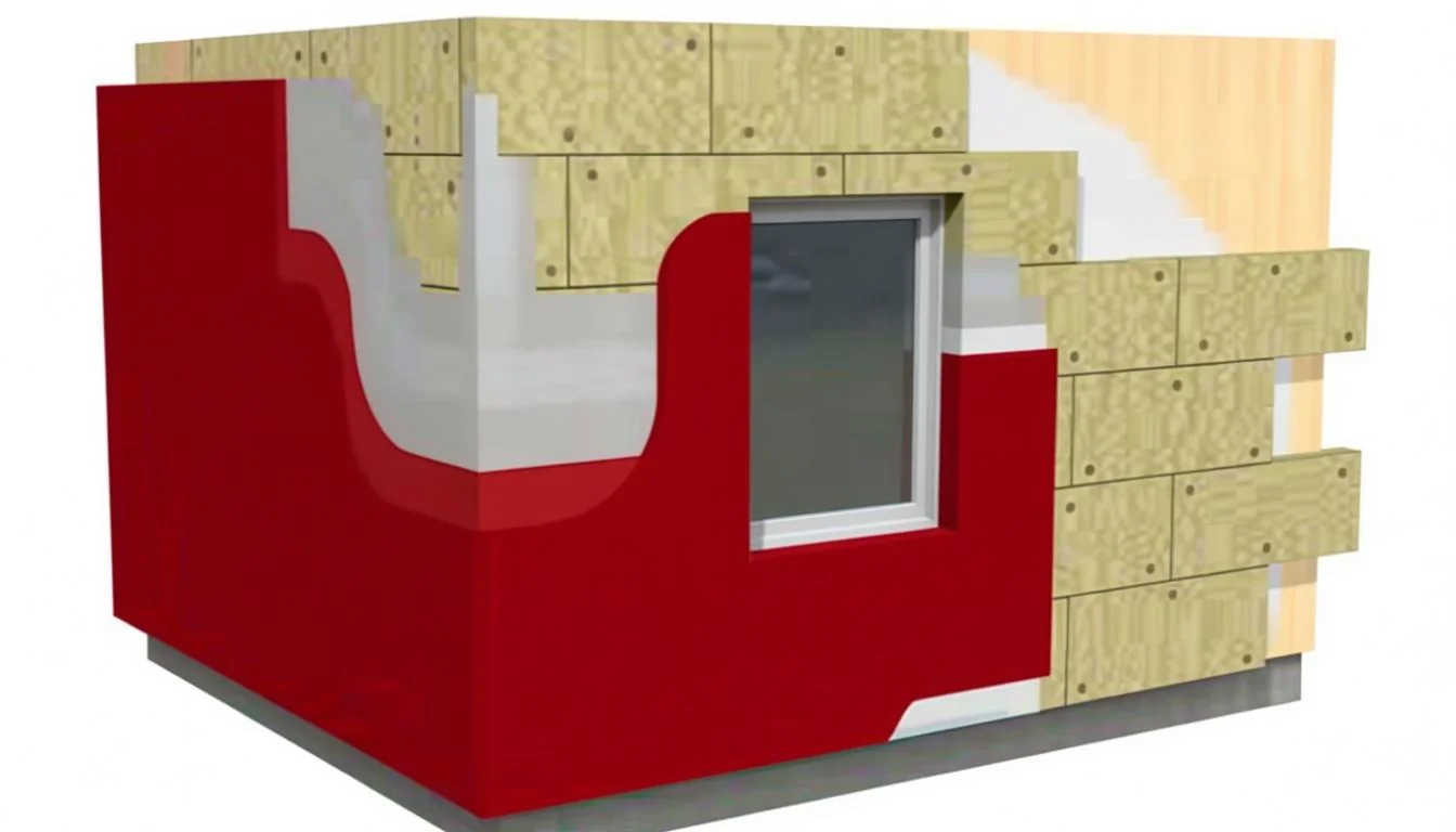 Maqueta 3D y corte constructivo de sistema de aislamiento térmico exterior SATE con paneles RedArt