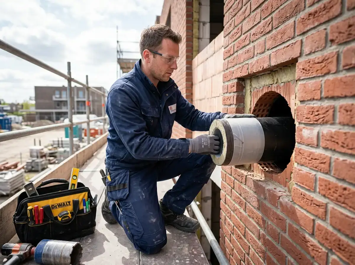Técnico profesional realizando perforación pasamuros e instalando conducto de ventilación descentralizada en fachada